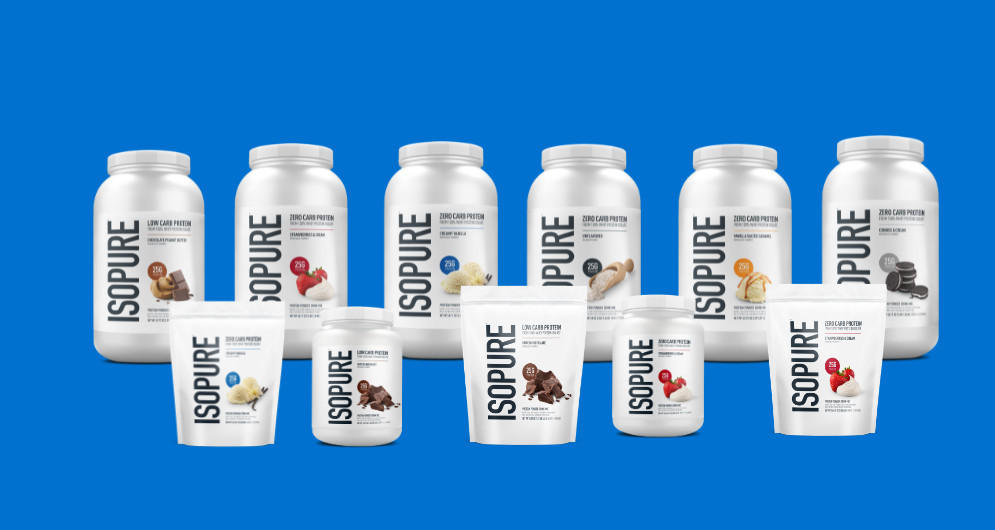 Isopure products on dark blue background