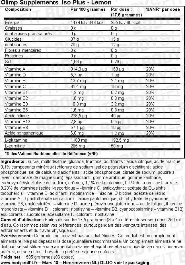 Boisson Iso Plus Nutritional Information 1