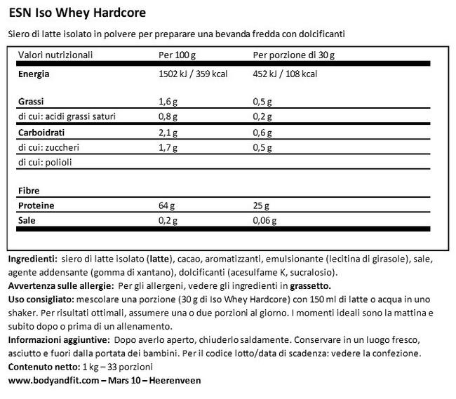 Iso Whey Hardcore Nutritional Information 1