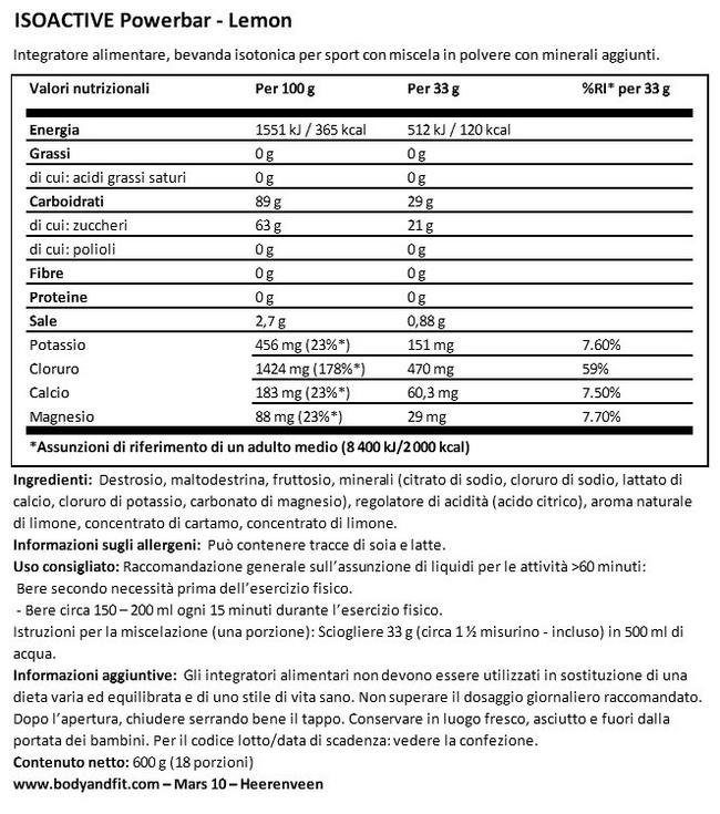Isoactive Powerbar Nutritional Information 1
