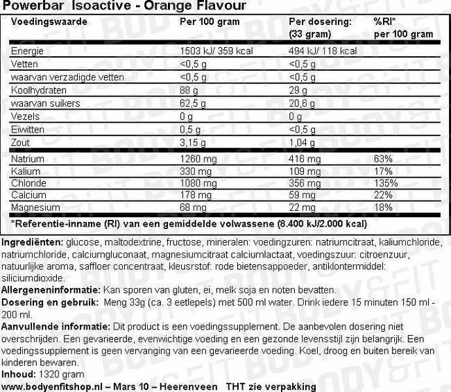 Boisson électrolytique glucidique Isoactive Powerbar Nutritional Information 1