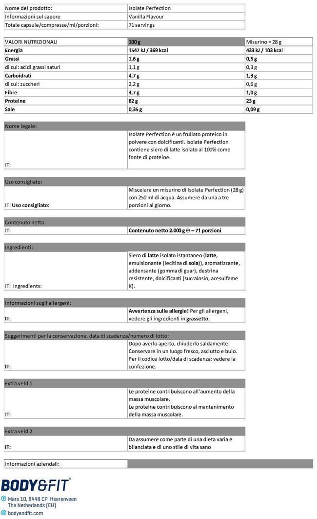Isolate Perfection Nutritional Information 1
