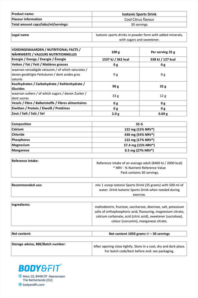 Boisson isotonique Isotonic Sports Drink Nutritional Information 1