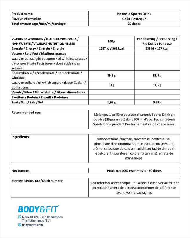 Boisson isotonique Isotonic Sports Drink Nutritional Information 1