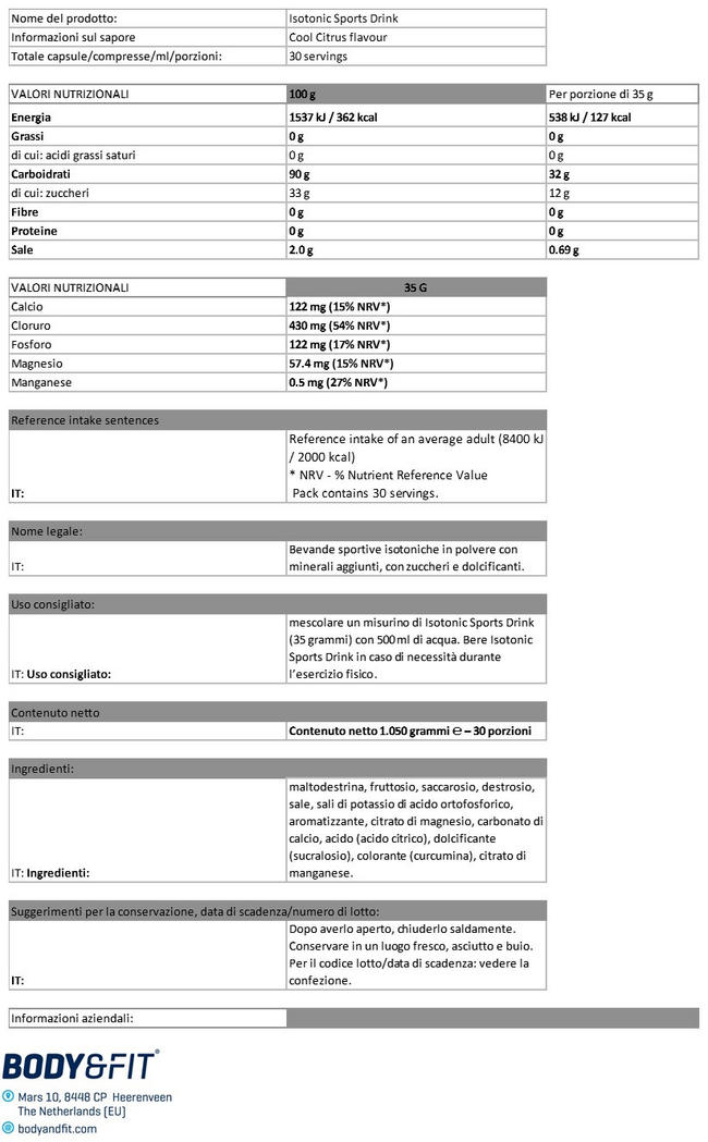 Isotonic Electrolytes Drink Nutritional Information 1