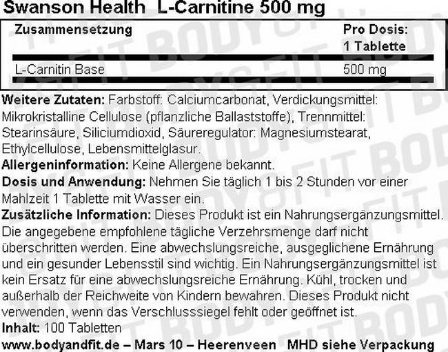 L-Carnitin 500mg Nutritional Information 1