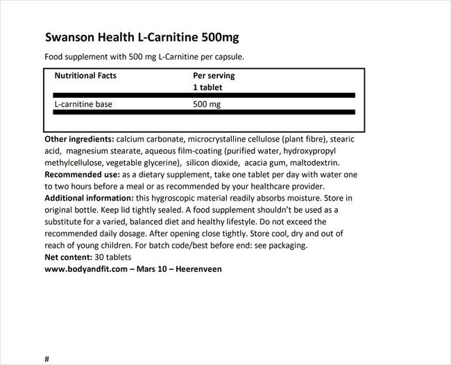 L-Carnitine 500mg Nutritional Information 1