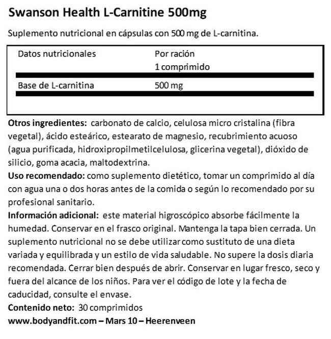 L-Carnitine 500 mg Nutritional Information 1