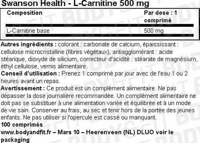 L-Carnitine 500mg Nutritional Information 1