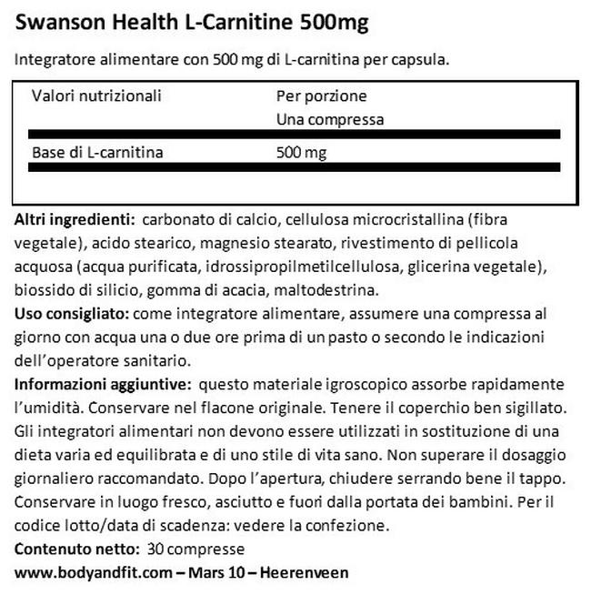 L-Carnitine 500 mg Nutritional Information 1