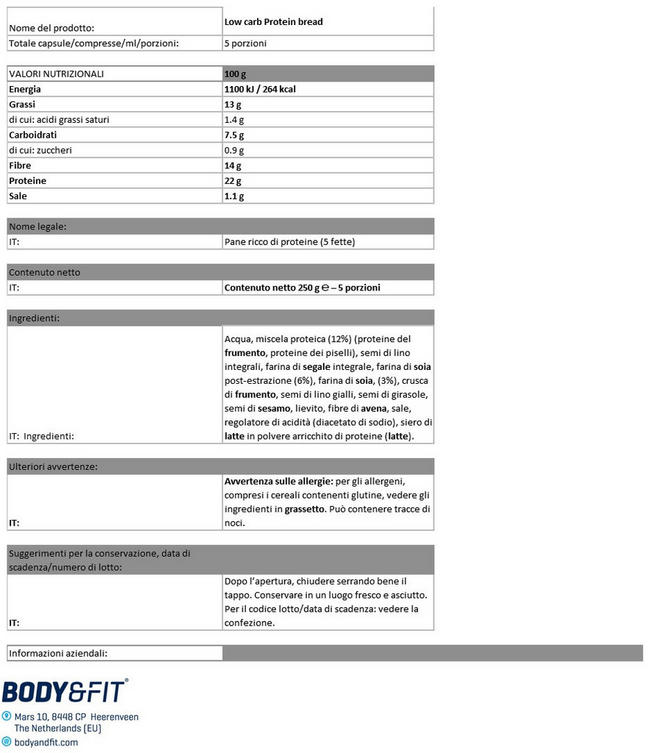 Pane Proteico Reduced Carb Nutritional Information 1