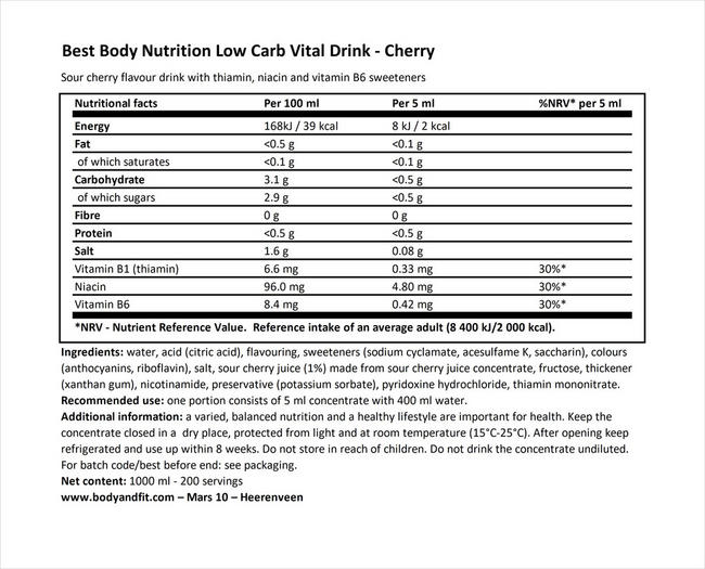 Vital Drink Zerop Nutritional Information 1