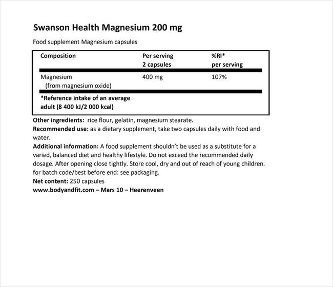 Magnesium 200 mg Nutritional Information 1