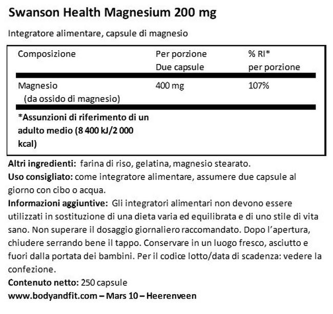 Magnesio 200 mg Nutritional Information 1