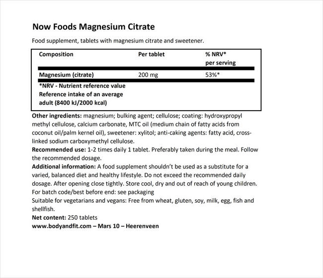 マグネシウム シトラート Nutritional Information 1