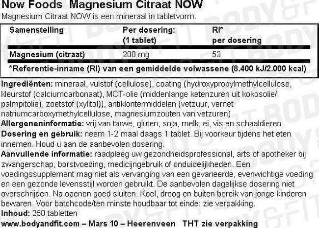Magnesium Citraat NOW Nutritional Information 1