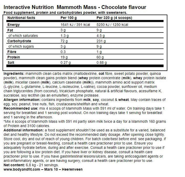 Mammoth Mass Nutritional Information 1
