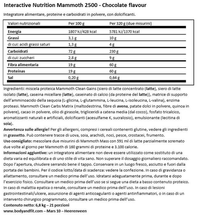 Mammoth 2500 Nutritional Information 1