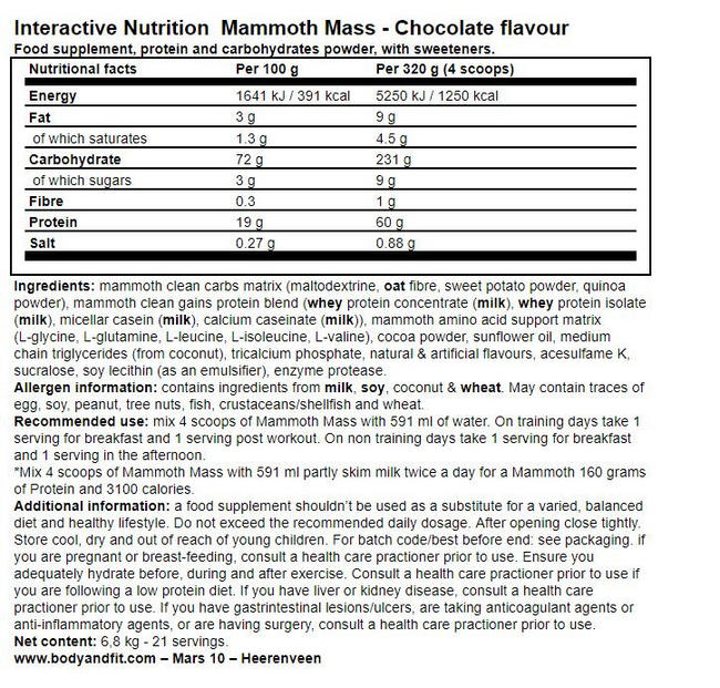 マンモス2500 Nutritional Information 1