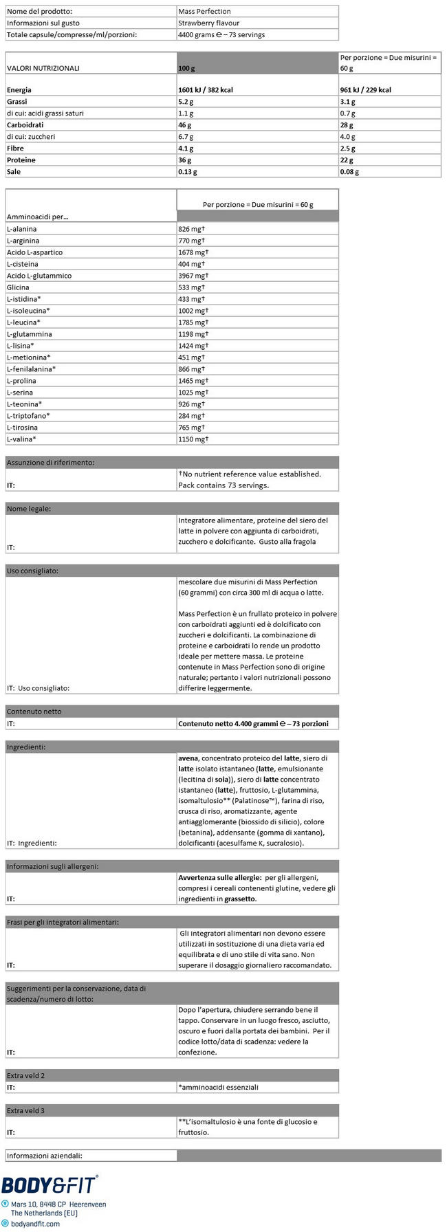 Mass Perfection Nutritional Information 1