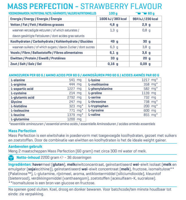 Mass Perfection Weight Gainer   Nutritional Information 1