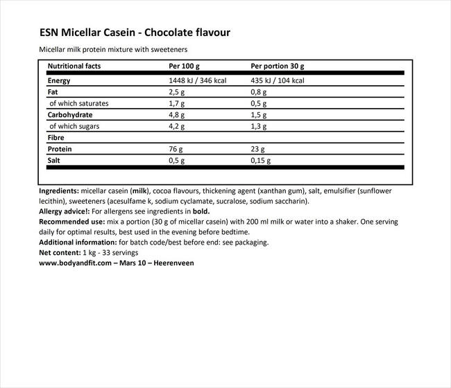 Micellar Casein Nutritional Information 1