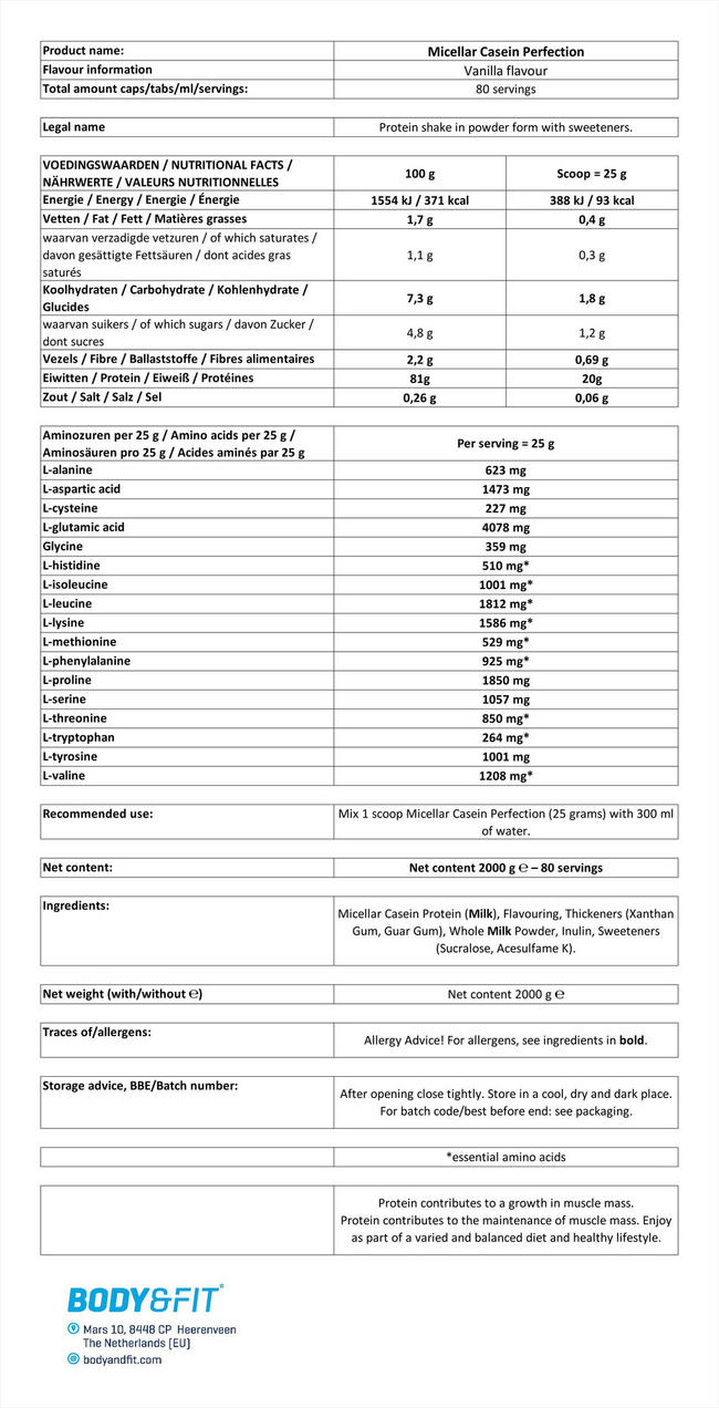 Micellar Casein Perfection Nutritional Information 1