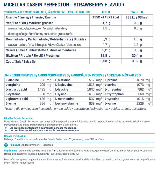 Micellar Casein Perfection Nutritional Information 1