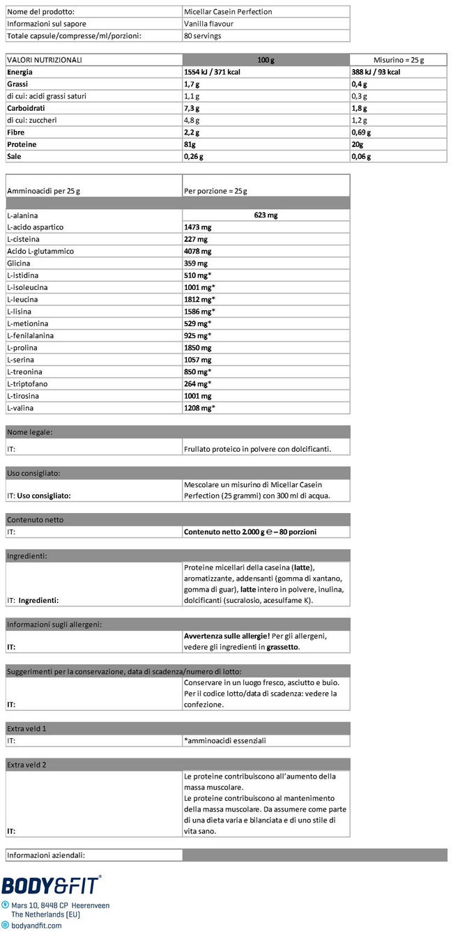 Micellar Casein Perfection Nutritional Information 1