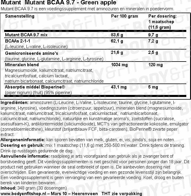 Mutant BCAA 9.7 Nutritional Information 1