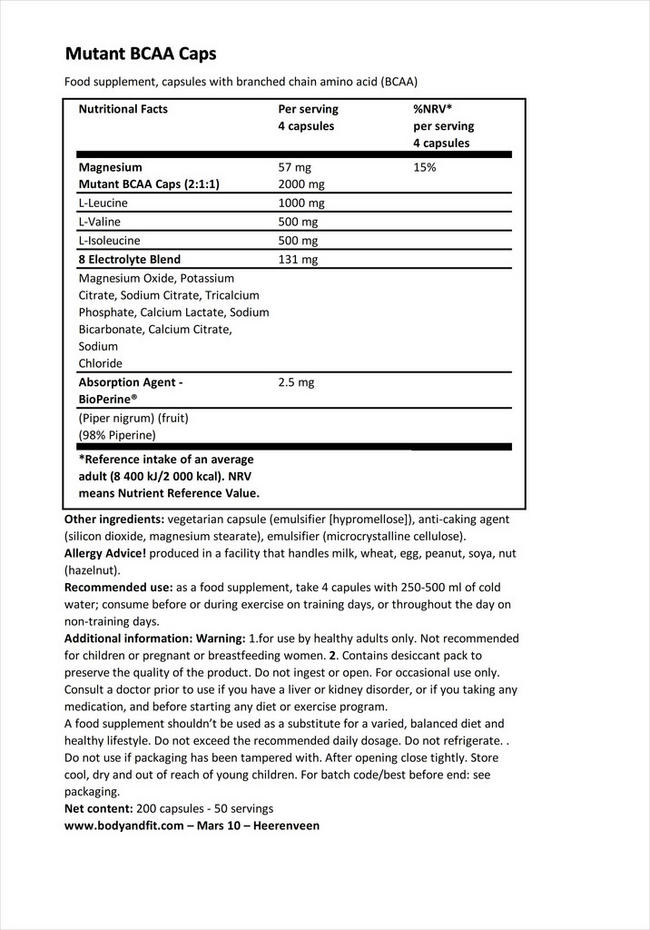 Mutant BCAA Caps Nutritional Information 1