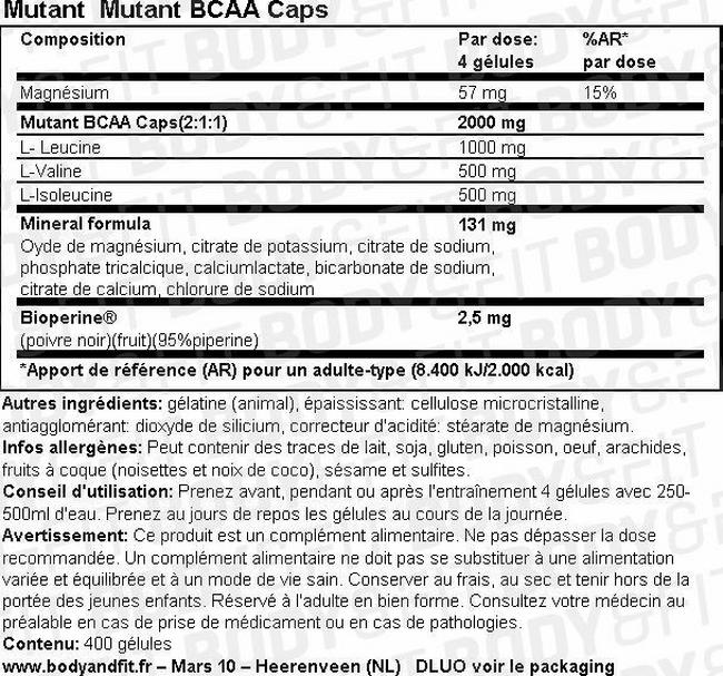 Mutant BCAA Caps Nutritional Information 1