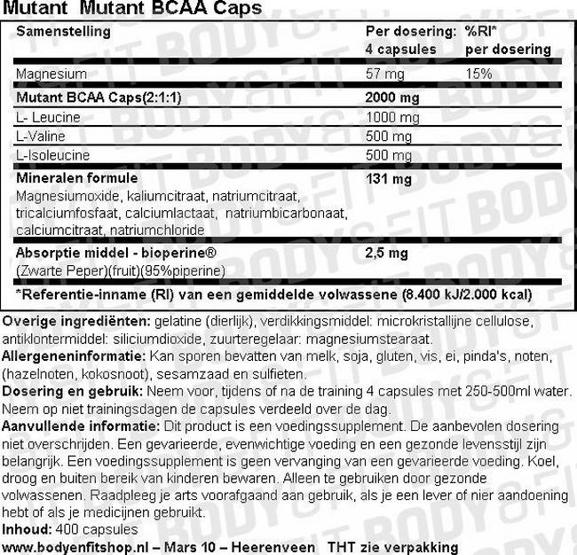 Mutant BCAA Caps Nutritional Information 1