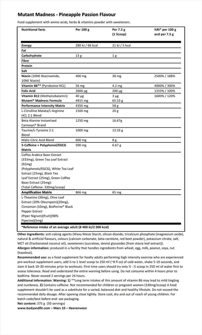 Mutant Madness Nutritional Information 1