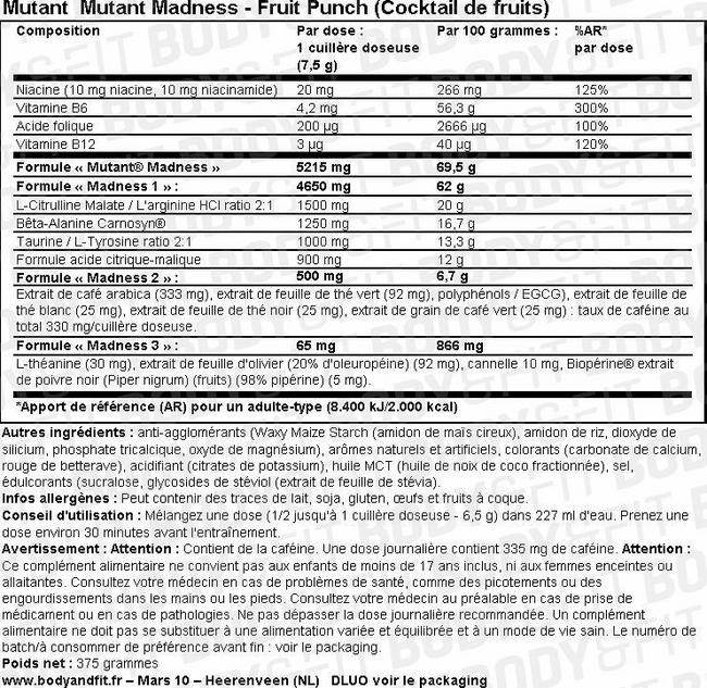 Poudre Mutant Madness Nutritional Information 1