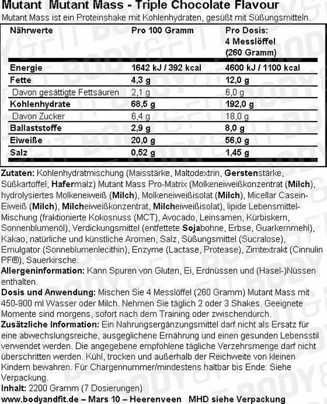 Mutant Mass Nutritional Information 1
