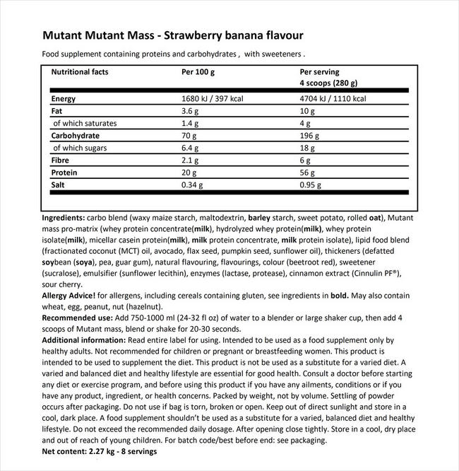 Mutant Mass Nutritional Information 1