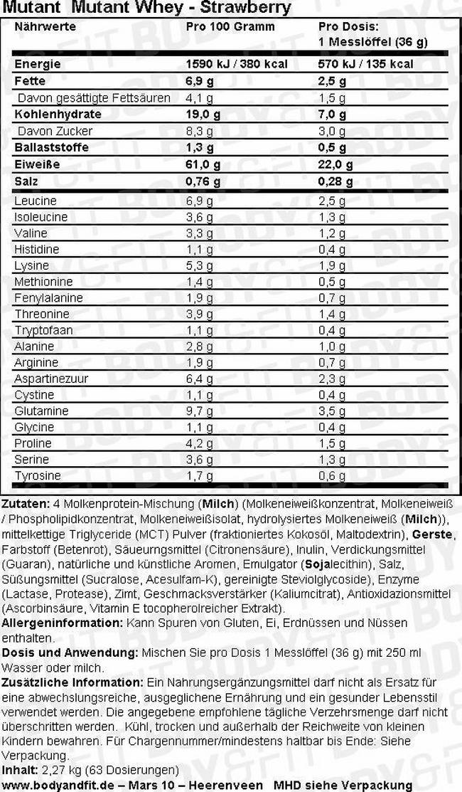 Mutant Whey Nutritional Information 1