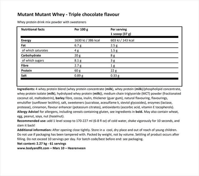 Mutant Whey Nutritional Information 1