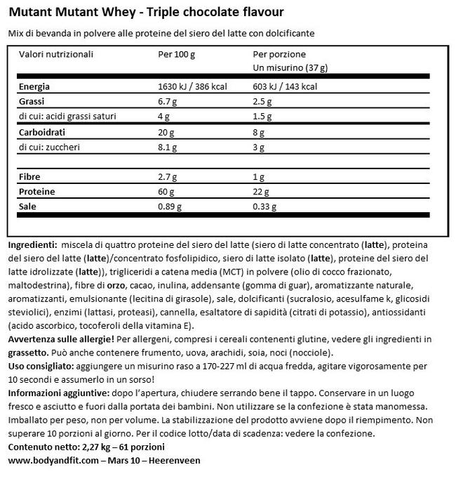 Mutant Whey Nutritional Information 1