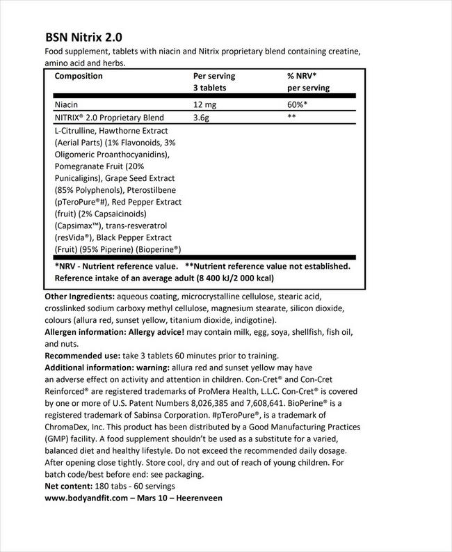 Nitrix 2.0 Nutritional Information 1