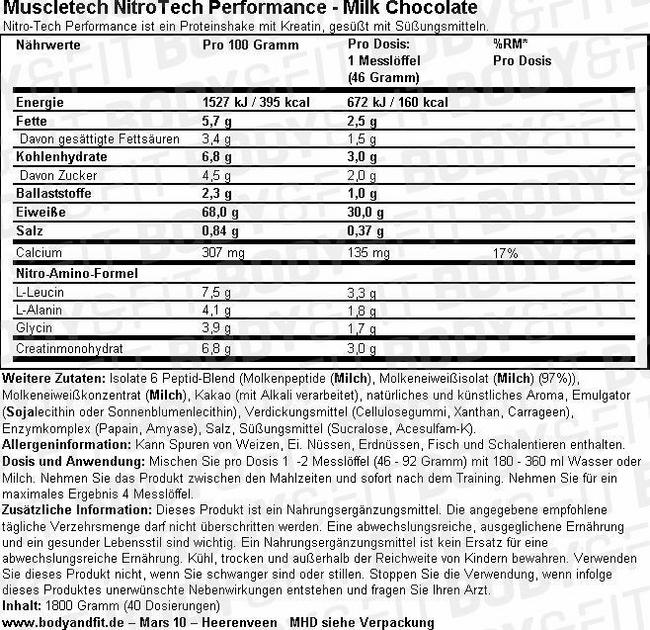 Nitro-Tech Performance Nutritional Information 1