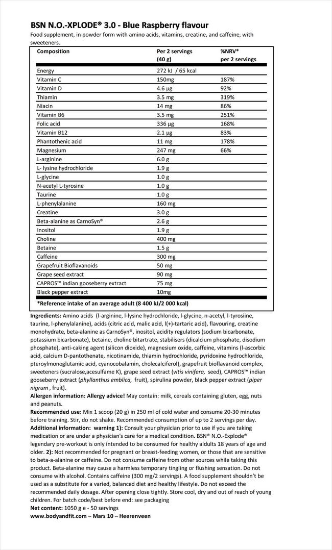 N.O. -XPLODE 3.0 Nutritional Information 1