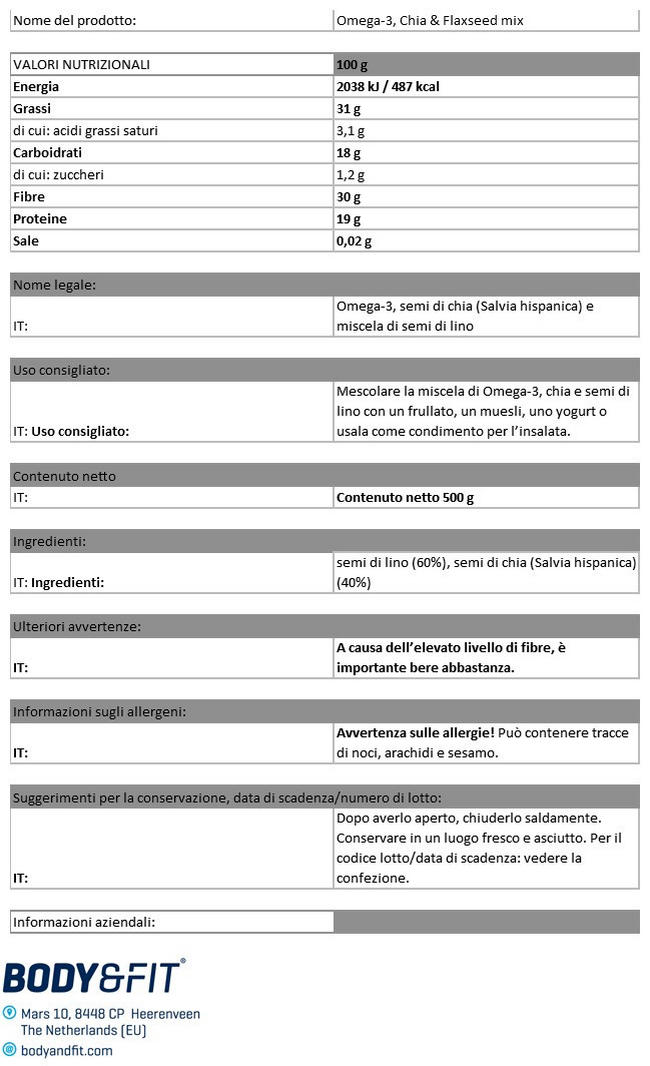 Mix di Omega 3, Semi di Chia e di Lino. Nutritional Information 1