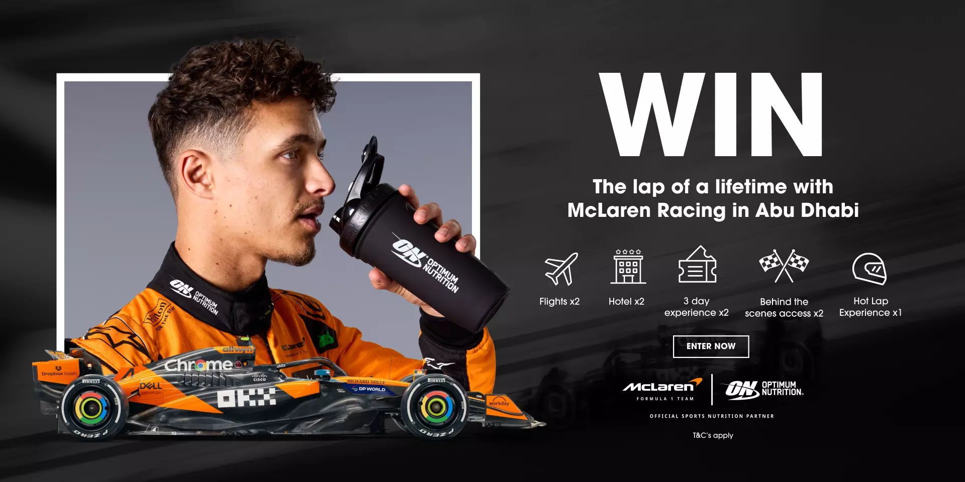 Enter for a chance to win a weekend with McLaren Racing in Abu Dhabi for two people from 5th to 9th December 2025, courtesy of Optimum Nutrition.