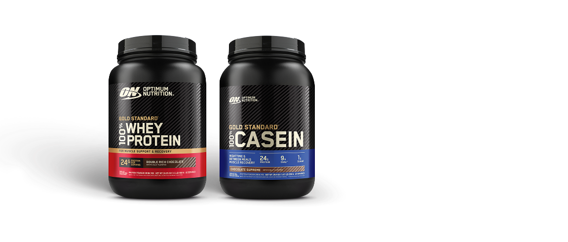 Gold Standard Whey and Casein products with laurels for Rated Best Protein Powders