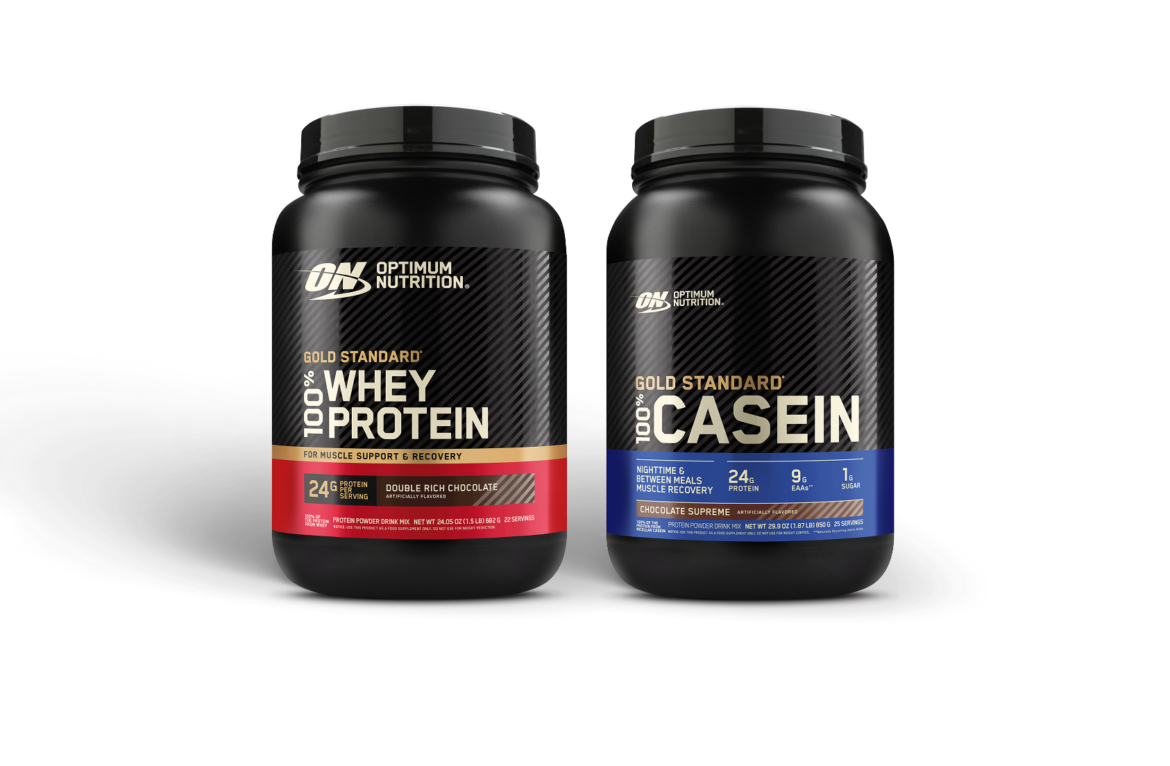 Gold Standard Whey and Casein products with laurels for Rated Best Protein Powders