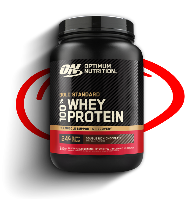 Tub of Optimum Nutrition Gold Standard Whey with red circle behind it