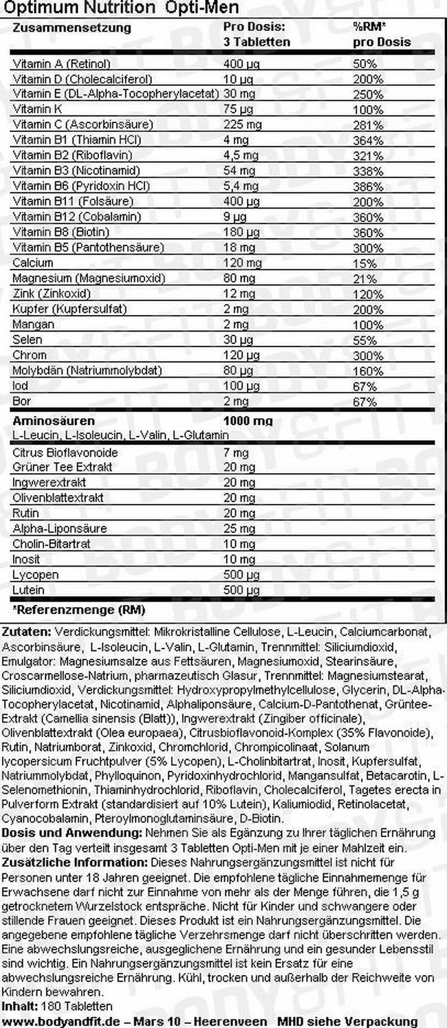 Opti-Men Nutritional Information 1