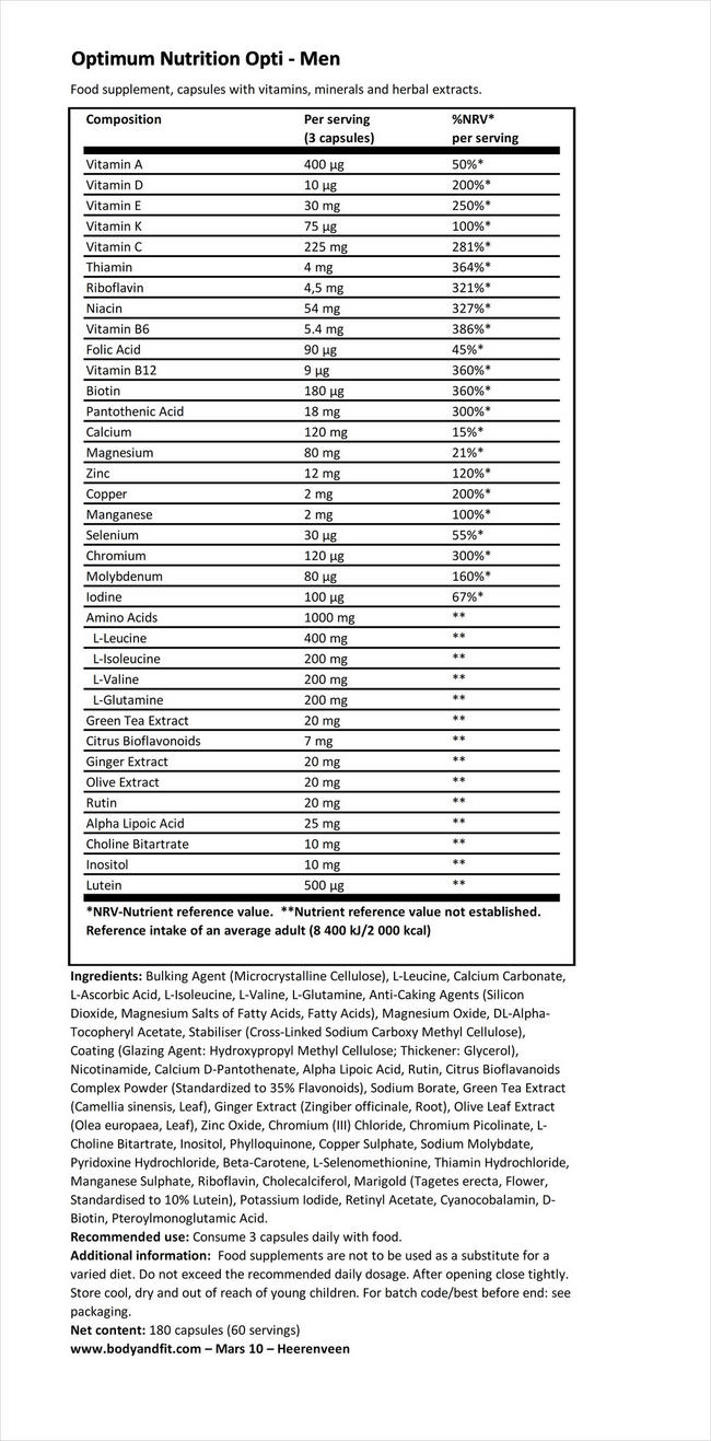 Opti–Men Nutritional Information 1